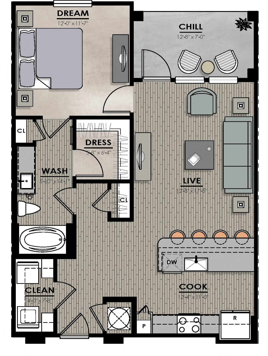 Floor plan for 1 bed, 1 bath, 802 sqft